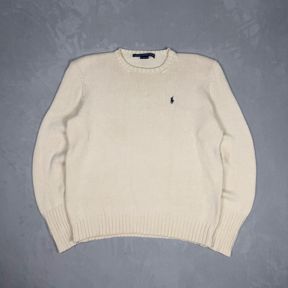 90s Womens Ralph Lauren Sport Shaker Knit Pony Logo Sweater Cream Large
